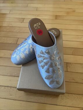 Hand Crafted Light Blue Sequin Embellished Slip-On Mules